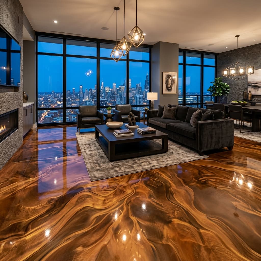 Piso metálico cobre y bronce en penthouse Miami