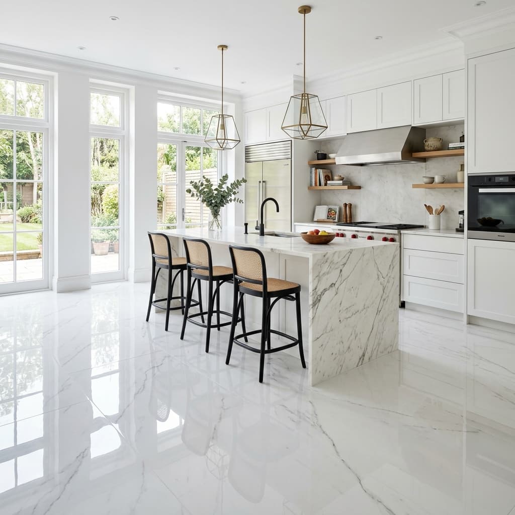 Piso marmolado blanco en cocina de lujo Miami