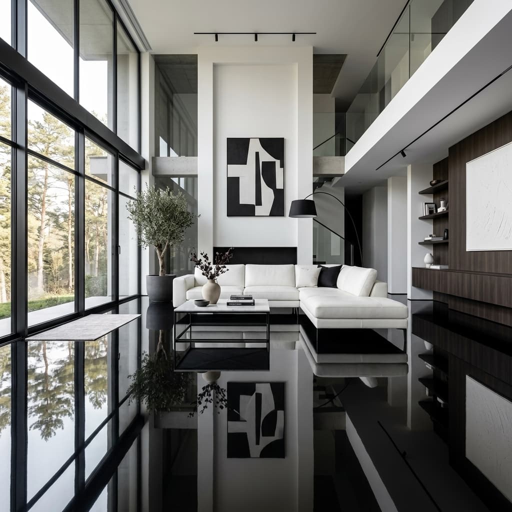 Sala de estar con piso epoxy negro brillante Miami