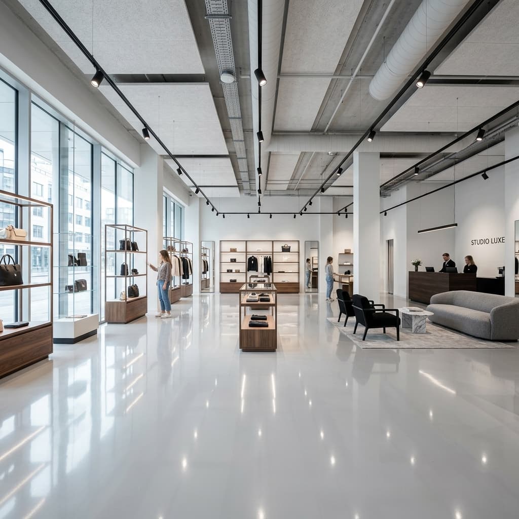 Showroom comercial con piso epoxy gris Miami