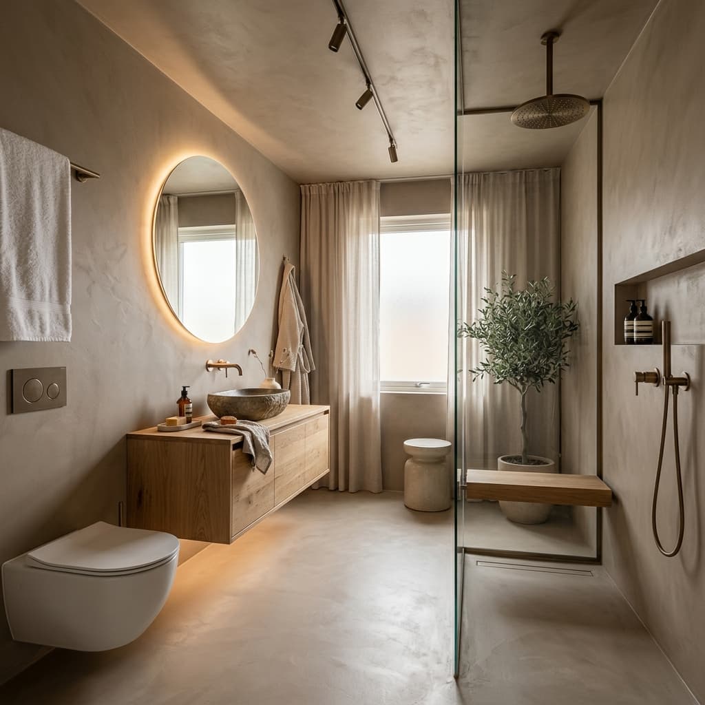 Baño de lujo con microcemento taupe Miami