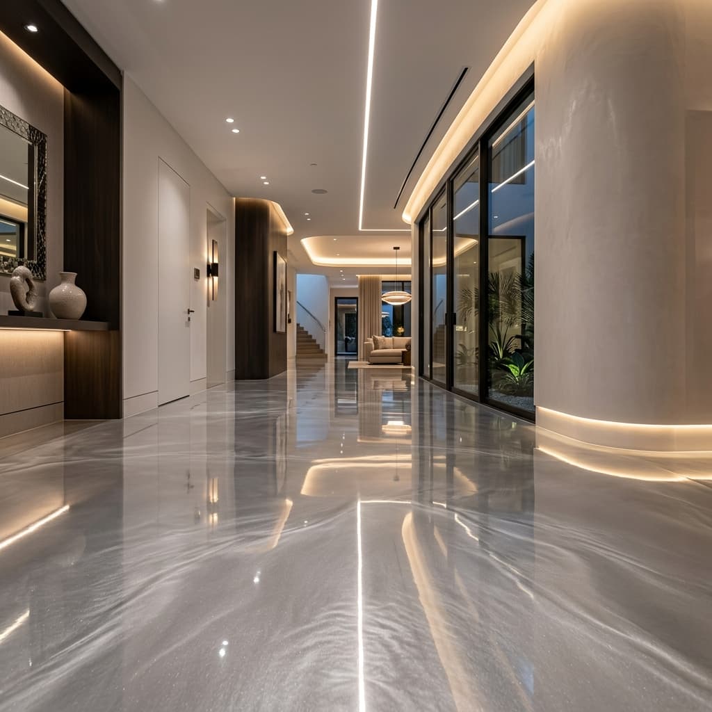Pasillo de lujo con piso epoxy metálico plateado en Miami