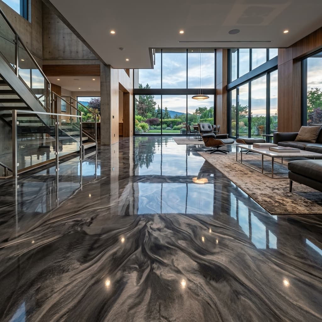 Piso de resina epóxica metálica brillante instalado en Miami