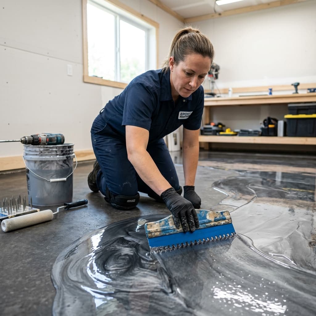 Técnico profesional instalando piso de resina epoxy en Miami